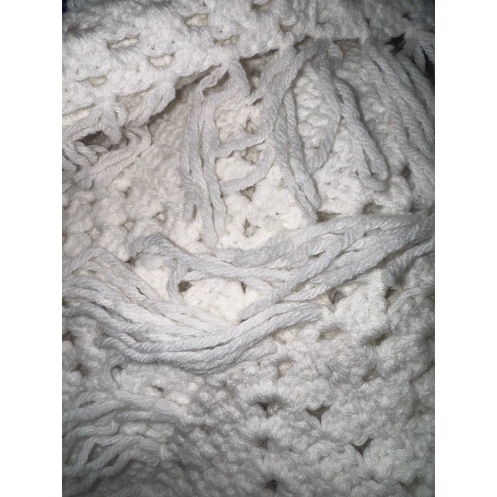 VTG Hand Crochet Granny Square Afghan Blanket 78x100 White Multi Fringe Cottage - Picture 5 of 5